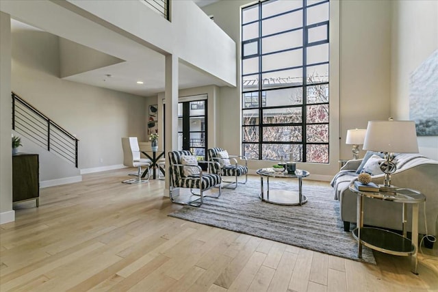 living room featuring light hardwood / wood-style floors and a high ceiling