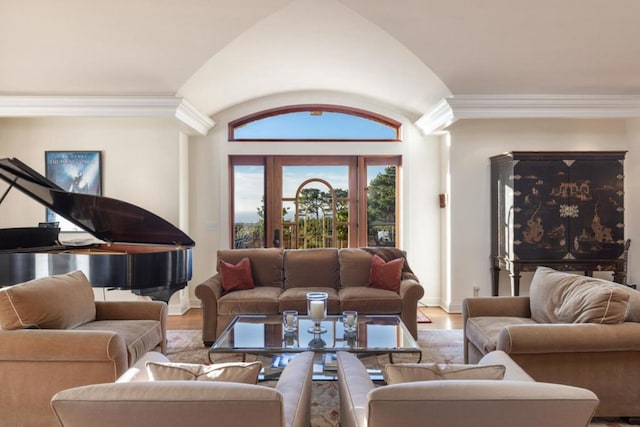 living room with wood-type flooring and vaulted ceiling