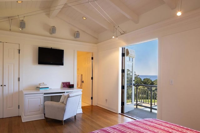 bedroom with wood ceiling, built in desk, lofted ceiling with beams, access to outside, and hardwood / wood-style floors