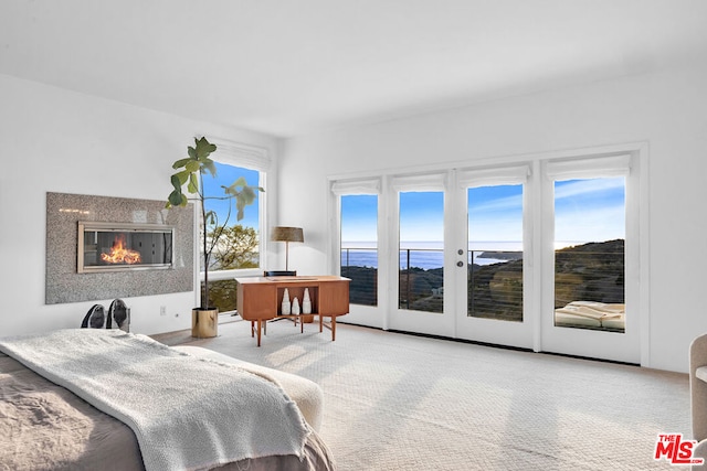 bedroom with multiple windows, light colored carpet, access to exterior, and a fireplace