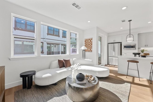 living room featuring plenty of natural light and light hardwood / wood-style floors