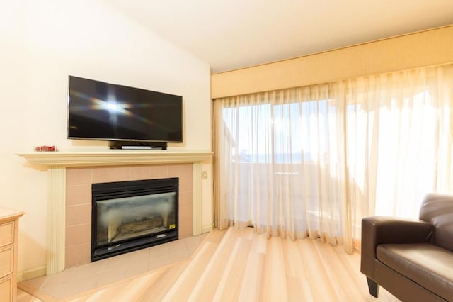 living room featuring a tile fireplace and wood-type flooring