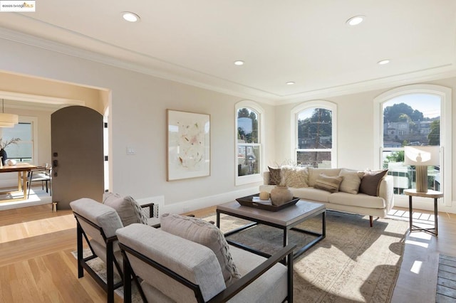 living room featuring crown molding and light wood-type flooring