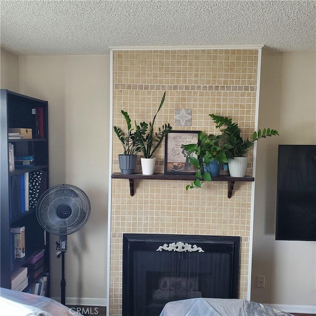 details featuring a textured ceiling and a fireplace