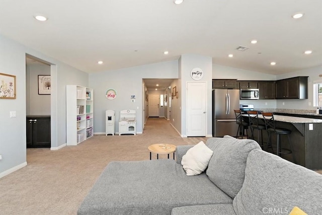 living room with vaulted ceiling, baseboards, visible vents, and recessed lighting