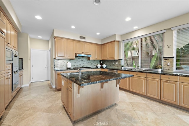 kitchen featuring sink, a kitchen breakfast bar, dark stone counters, and a center island with sink