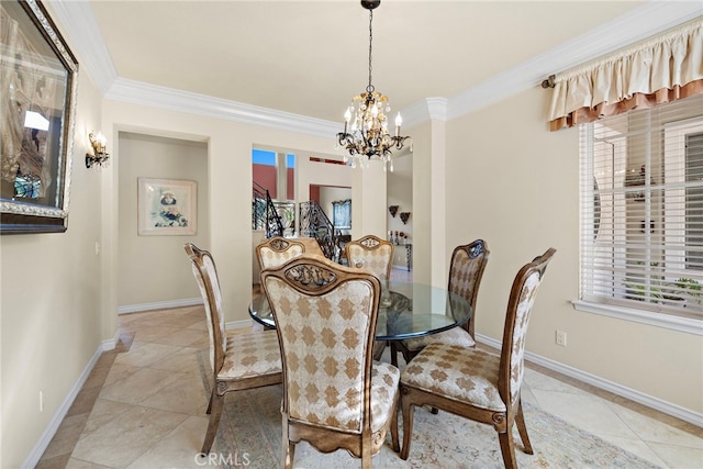 dining space featuring an inviting chandelier, a wealth of natural light, ornamental molding, and light tile patterned flooring