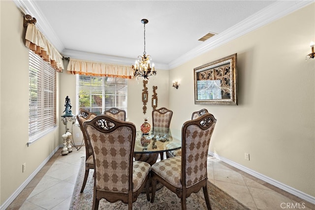 tiled dining room with ornamental molding and a notable chandelier