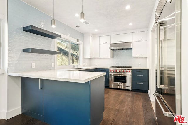 kitchen featuring white cabinetry, kitchen peninsula, premium appliances, and decorative light fixtures