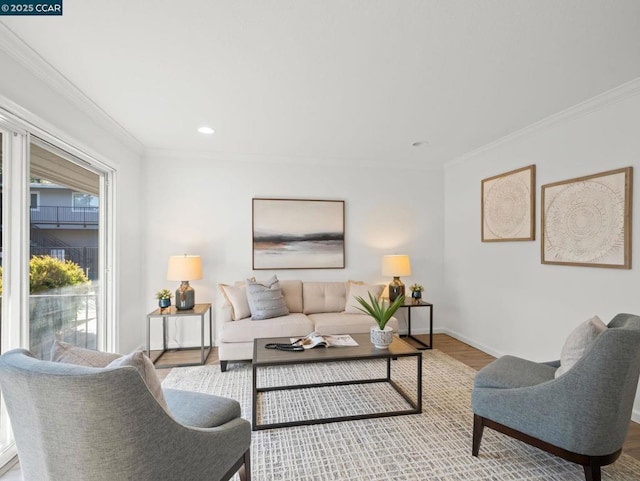 living room featuring ornamental molding and hardwood / wood-style floors