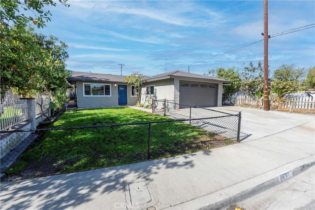 single story home with a garage and a front yard