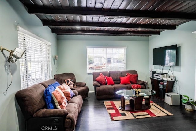 living room with dark hardwood / wood-style flooring, beam ceiling, and wood ceiling