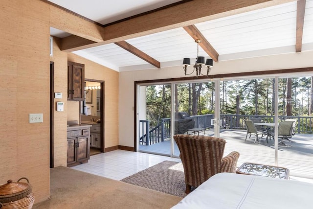 interior space featuring vaulted ceiling with beams and a notable chandelier