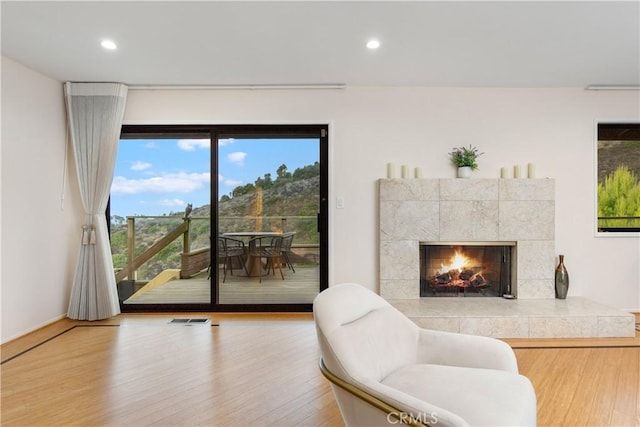 living room featuring a tile fireplace and hardwood / wood-style floors