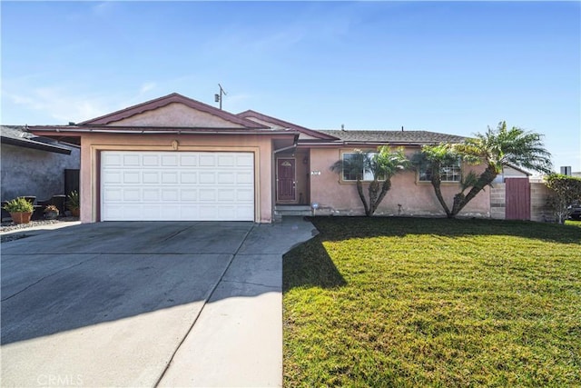 single story home featuring a garage and a front lawn