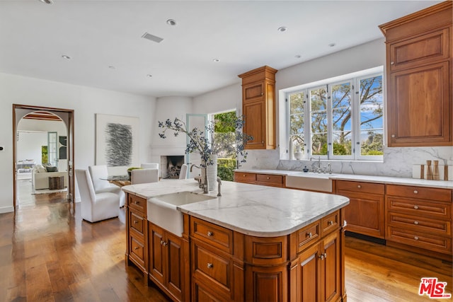 kitchen with a kitchen island with sink, sink, and light hardwood / wood-style flooring