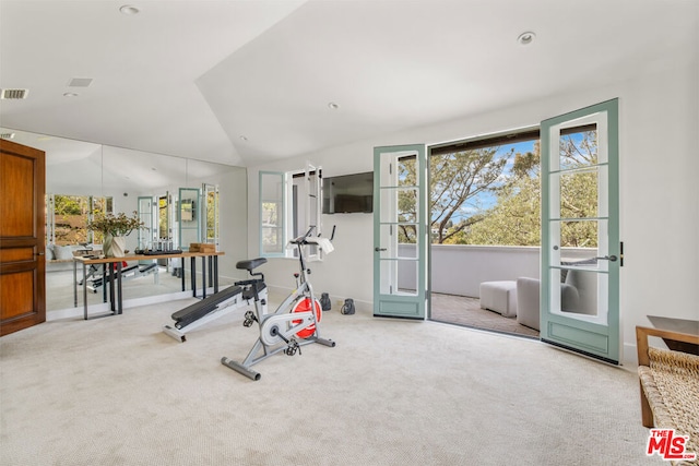 exercise room with a healthy amount of sunlight, lofted ceiling, and light carpet