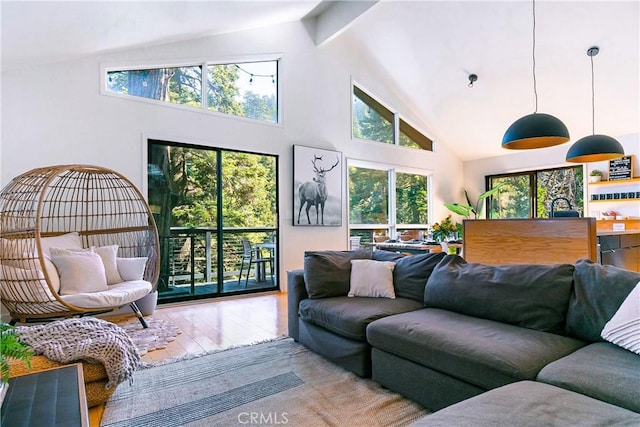 living room featuring beamed ceiling, high vaulted ceiling, and light wood-type flooring