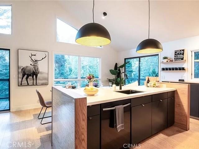 555 Dover Ct, Lake Arrowhead, CA 92352 - kitchen featuring light countertops, a sink, light wood finished floors, dishwasher, and a kitchen island with sink