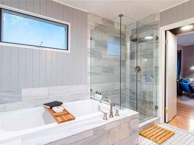 555 Dover Ct, Lake Arrowhead, CA 92352 - bathroom with a shower stall and a garden tub