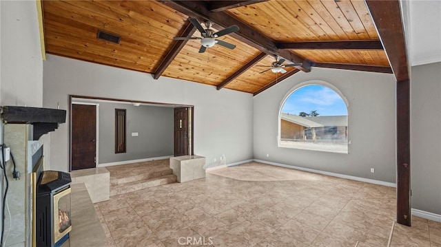 unfurnished living room featuring vaulted ceiling with beams and wood ceiling