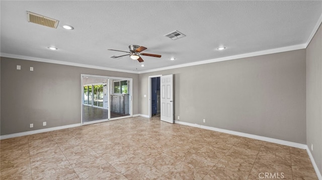 empty room with crown molding, ceiling fan, and a textured ceiling