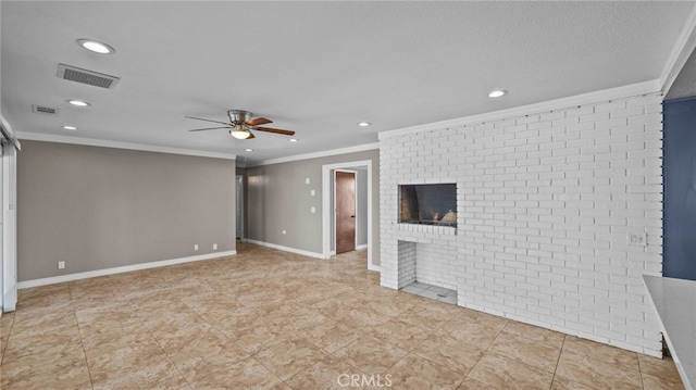 unfurnished living room featuring crown molding and ceiling fan