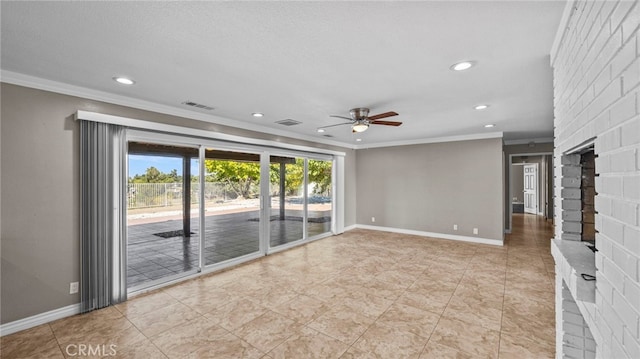 unfurnished living room featuring ornamental molding, a textured ceiling, and ceiling fan