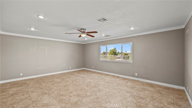 unfurnished room featuring crown molding, a textured ceiling, and ceiling fan