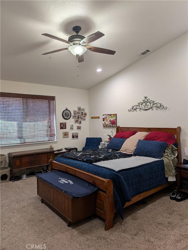 bedroom featuring carpet flooring and ceiling fan