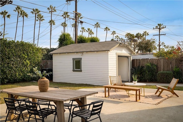 view of patio with a shed