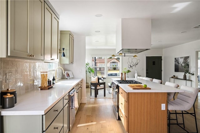 kitchen with sink, a breakfast bar area, island range hood, light hardwood / wood-style flooring, and stainless steel appliances