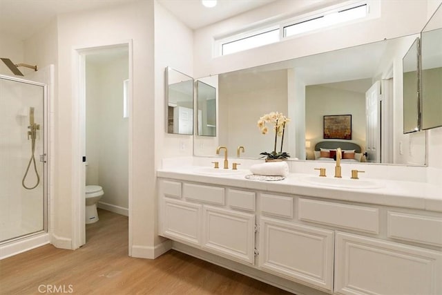 bathroom with a shower with door, wood-type flooring, vanity, and toilet