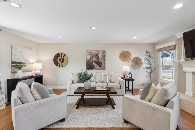 living room with a tiled fireplace and hardwood / wood-style flooring