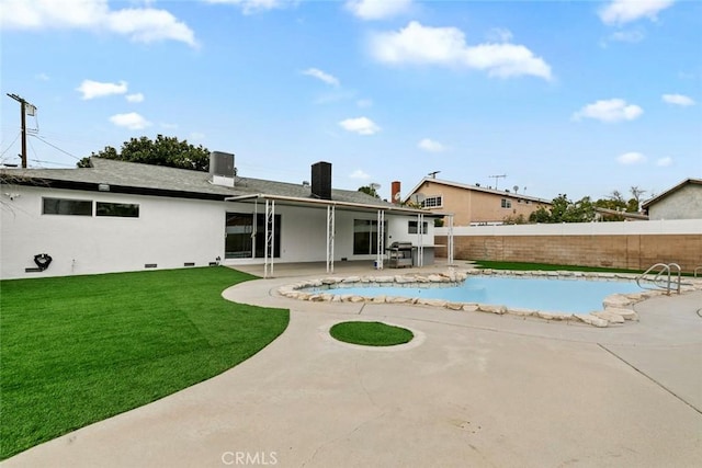 view of pool with a lawn, a patio, and central air condition unit