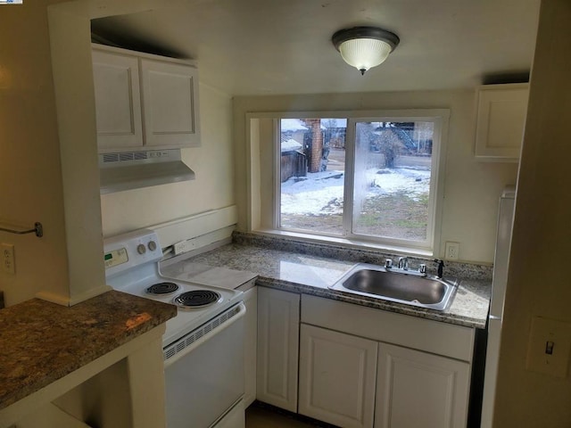 kitchen featuring sink, dark stone countertops, white cabinets, exhaust hood, and white range with electric cooktop