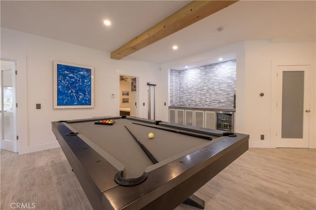 playroom with beamed ceiling, billiards, and light hardwood / wood-style flooring