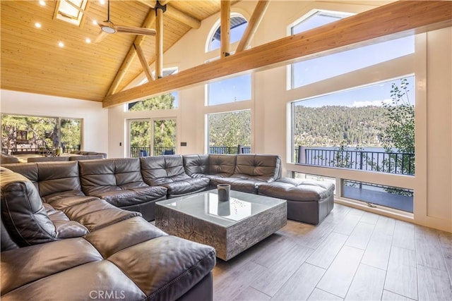 living room featuring beam ceiling, a wealth of natural light, high vaulted ceiling, and wooden ceiling