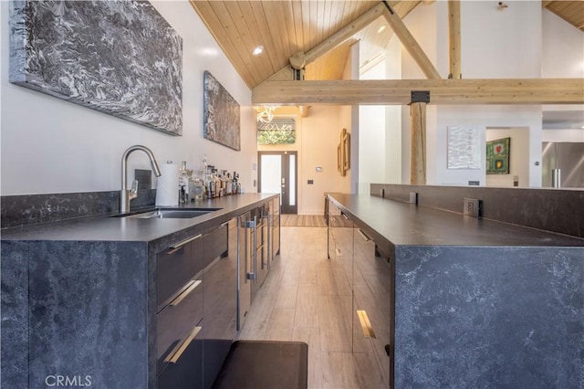 kitchen with sink, wood ceiling, light hardwood / wood-style flooring, and high vaulted ceiling