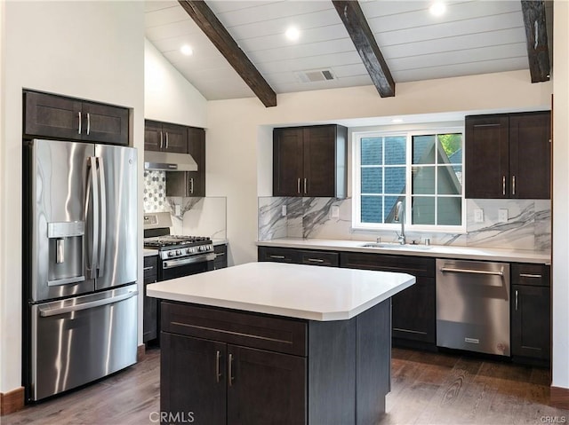 kitchen featuring sink, dark wood-type flooring, appliances with stainless steel finishes, backsplash, and a kitchen island