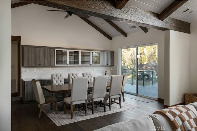 dining room featuring ceiling fan, beam ceiling, high vaulted ceiling, dark hardwood / wood-style floors, and wooden ceiling