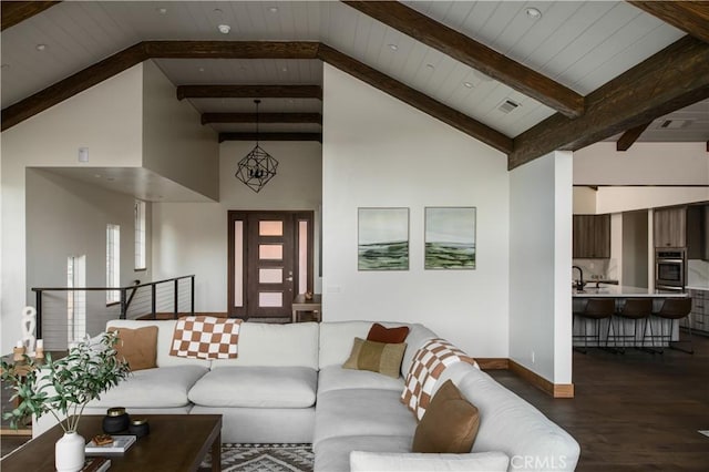 living room featuring sink, high vaulted ceiling, dark hardwood / wood-style flooring, wooden ceiling, and beamed ceiling