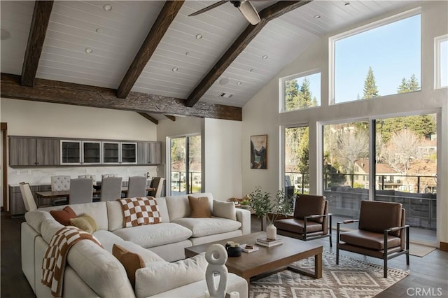 living room featuring high vaulted ceiling, beamed ceiling, ceiling fan, light hardwood / wood-style floors, and wooden ceiling