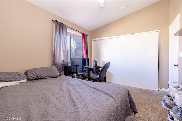 bedroom with lofted ceiling and carpet flooring