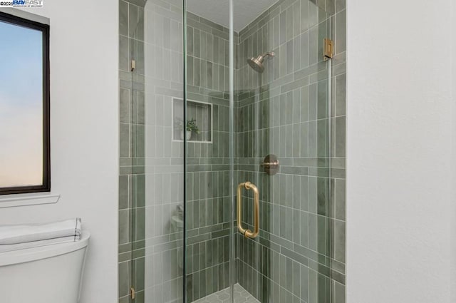 bathroom featuring walk in shower and toilet