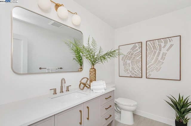 bathroom featuring vanity, wood-type flooring, and toilet