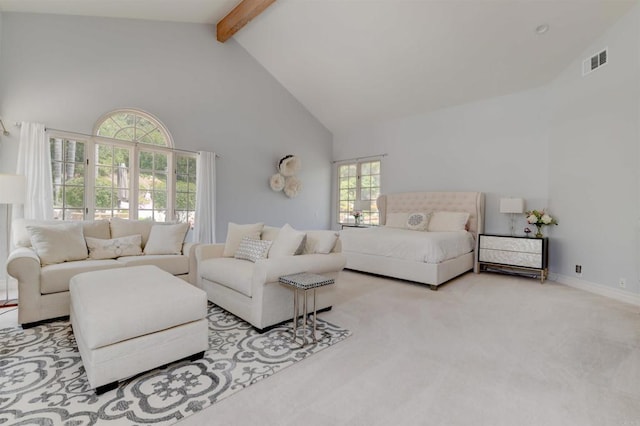 living room featuring light carpet, high vaulted ceiling, and beamed ceiling