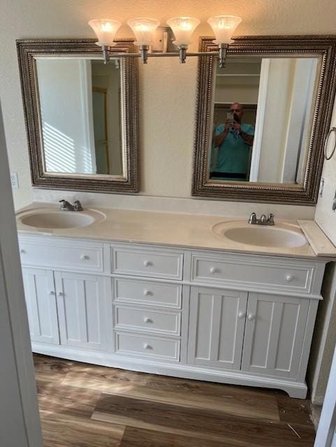 bathroom featuring vanity and hardwood / wood-style floors