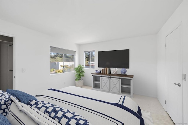 bedroom with light colored carpet