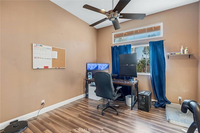 office area featuring ceiling fan and hardwood / wood-style floors